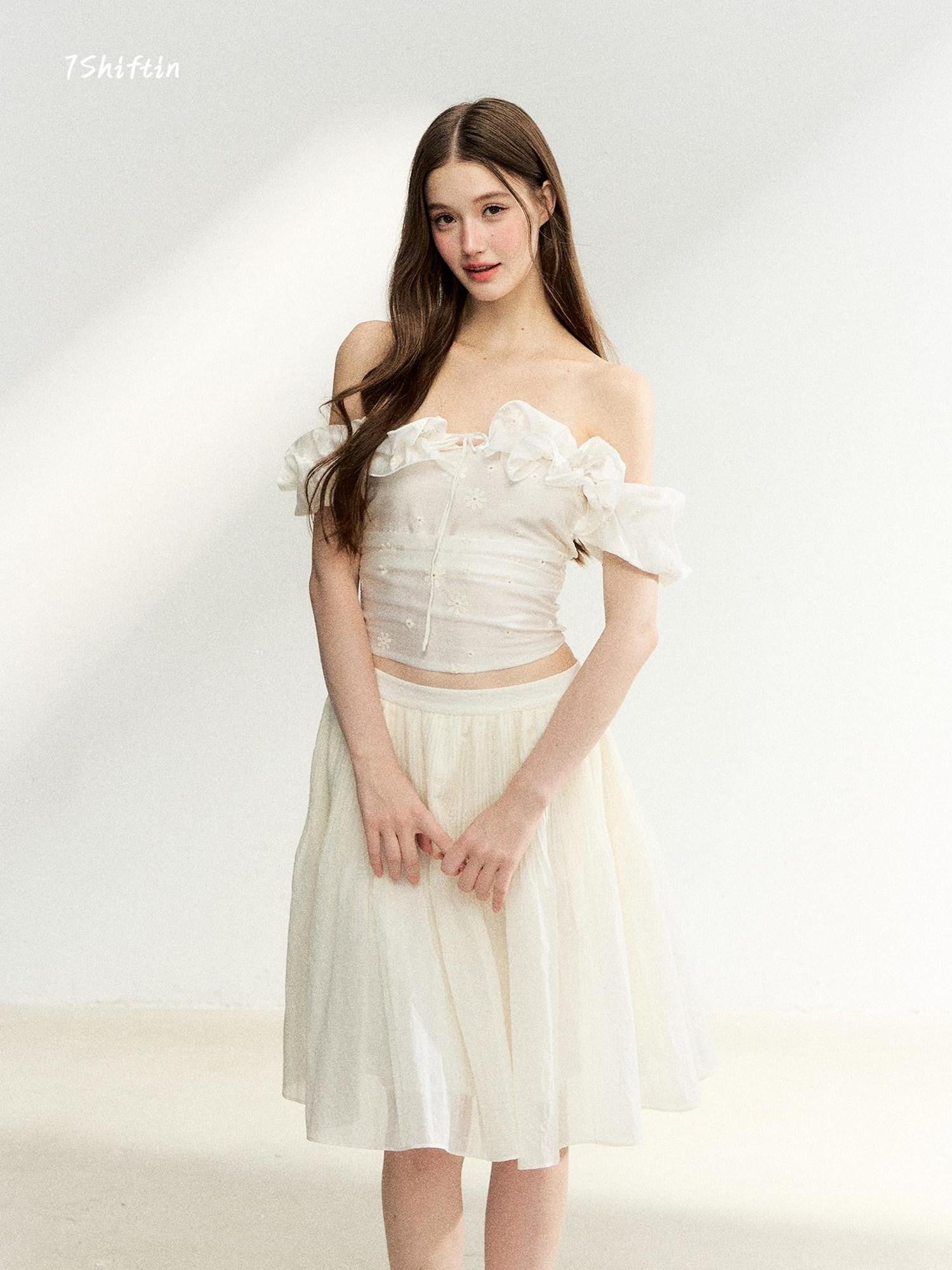 7Shiftin Off Shoulder Ruffled Puff Sleeve French Women&