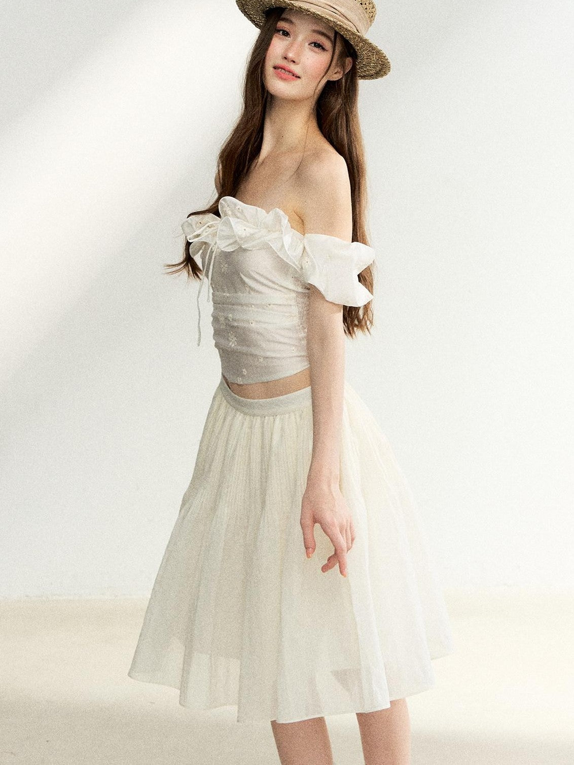 7Shiftin Off Shoulder Ruffled Puff Sleeve French Women&