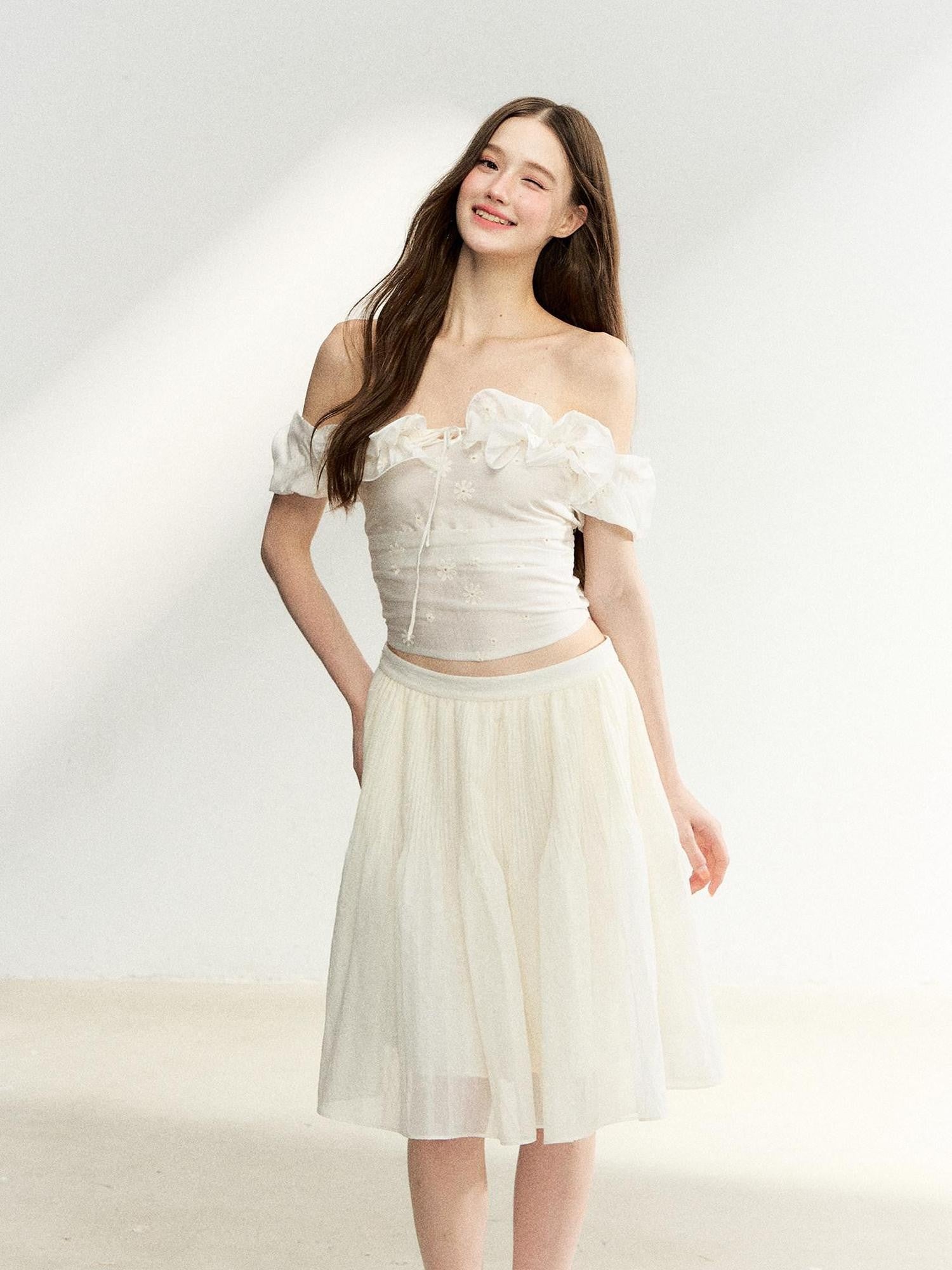 7Shiftin Off Shoulder Ruffled Puff Sleeve French Women&