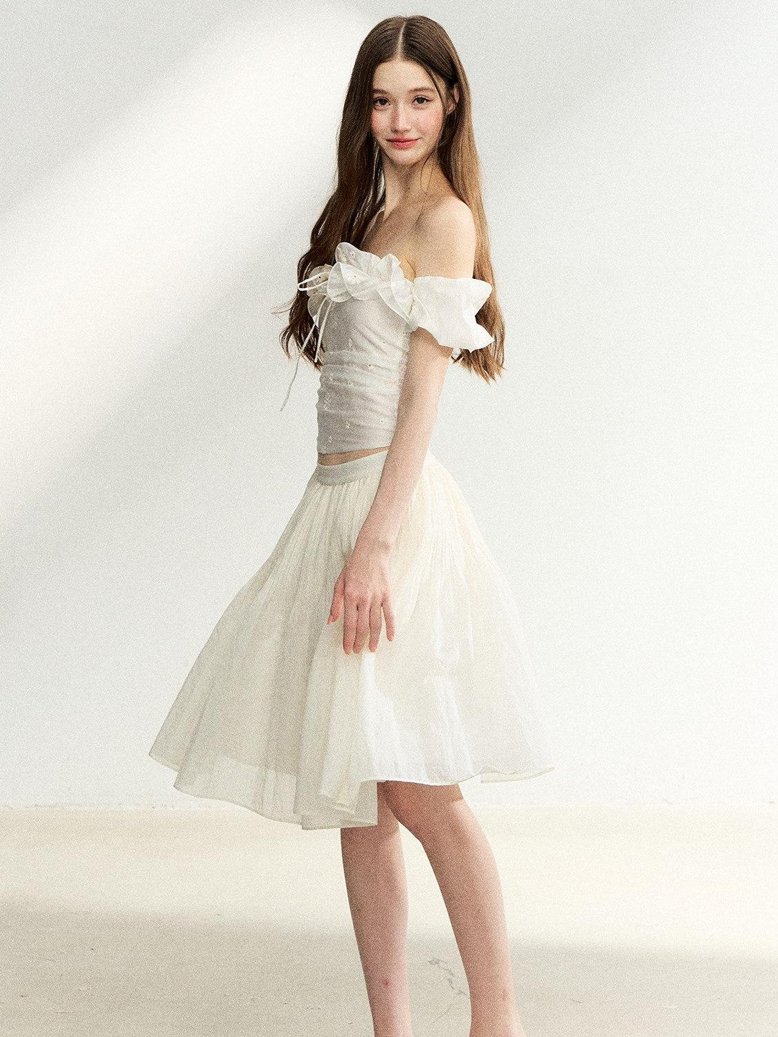 7Shiftin Off Shoulder Ruffled Puff Sleeve French Women&