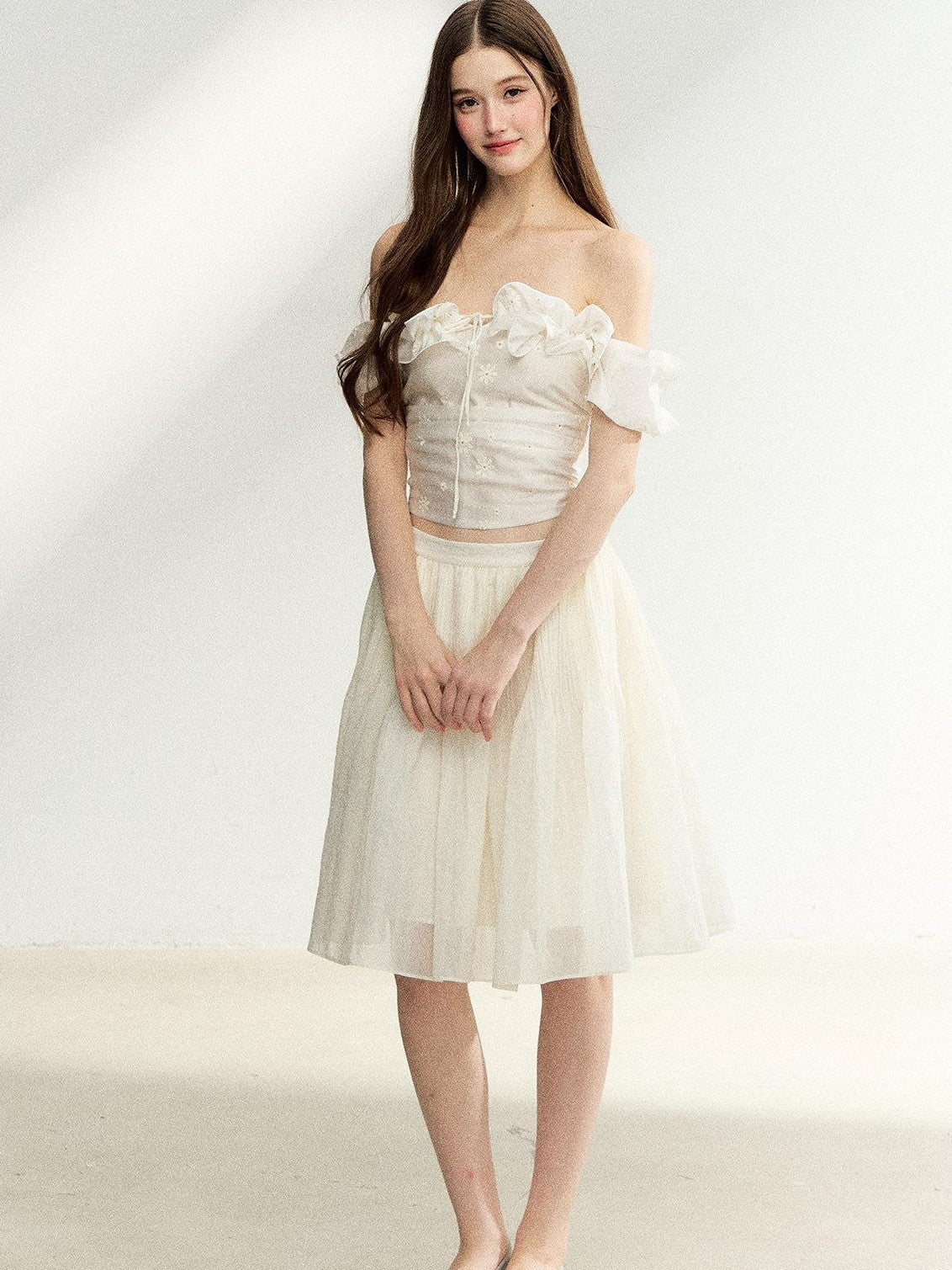 7Shiftin Off Shoulder Ruffled Puff Sleeve French Women&