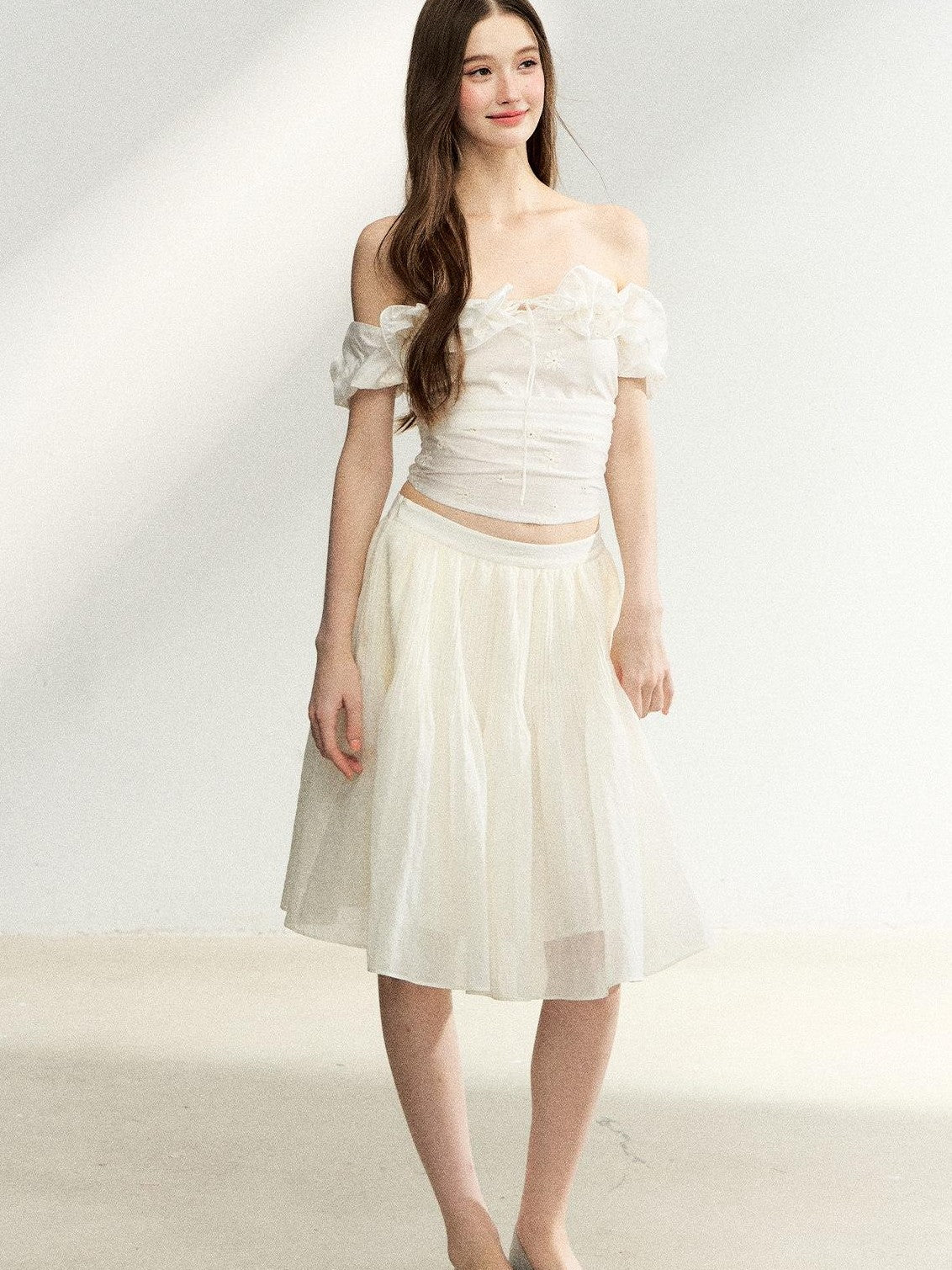 7Shiftin Off Shoulder Ruffled Puff Sleeve French Women&