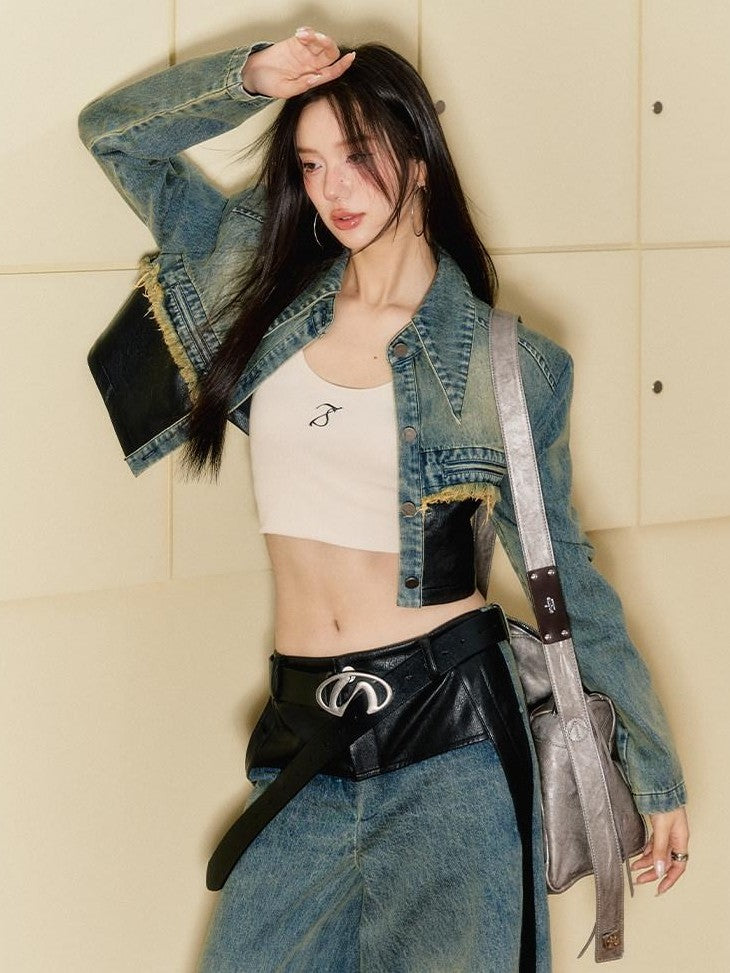 7Shiftin Patchwork Cropped Jacket Wide Leg Pants Women&