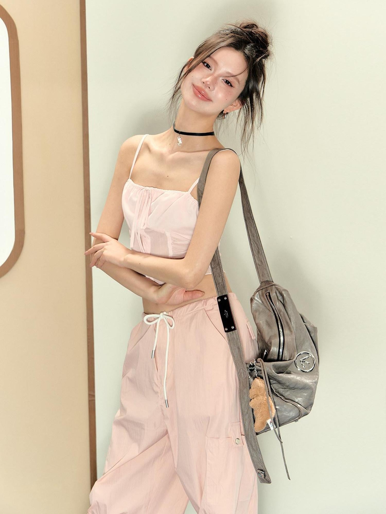 7Shiftin Pink Cami Bandeau Loose Drawstring Pants Women&