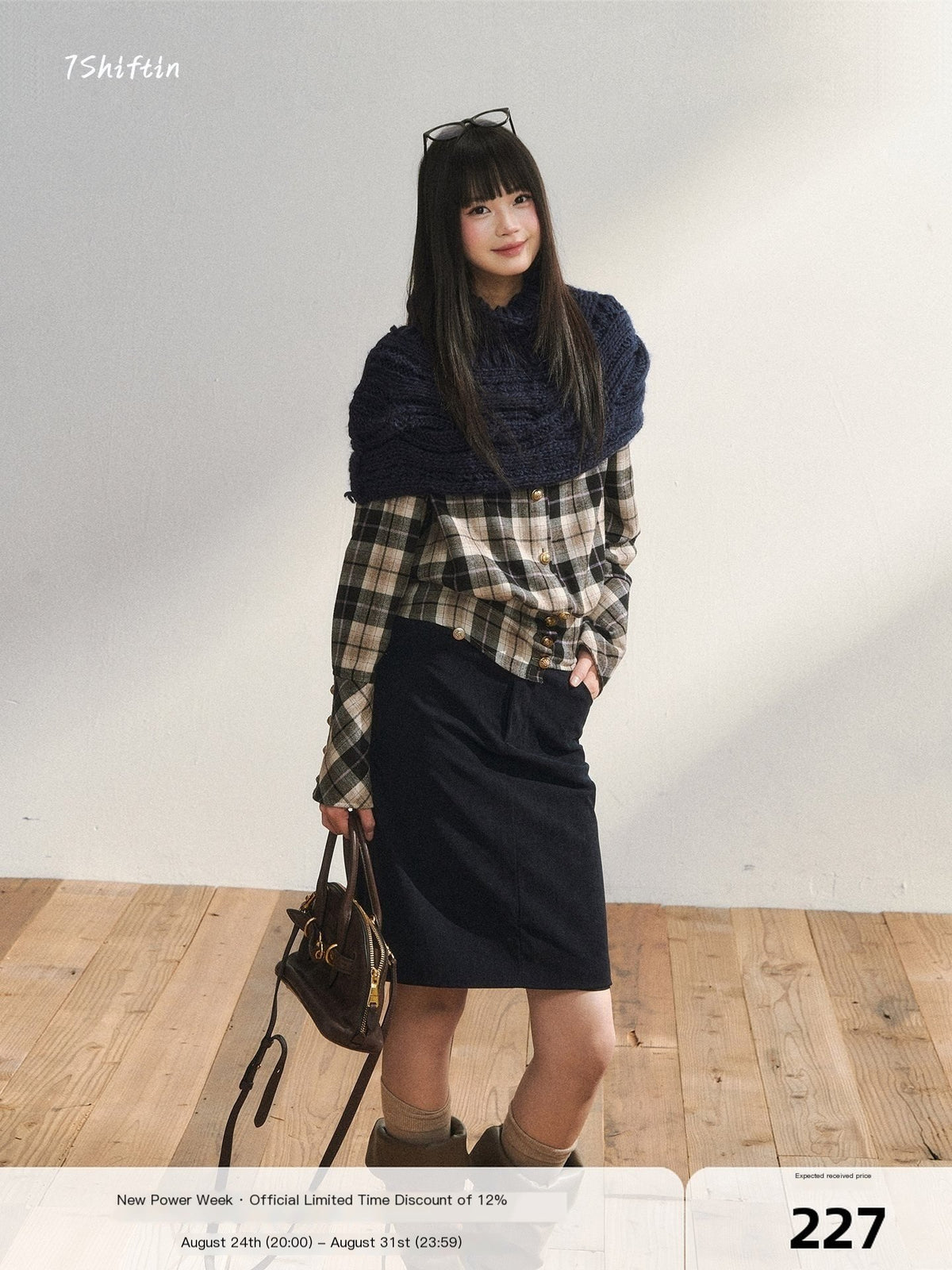 7Shiftin_Plaid_Colorblock_Waist_Cinch_Dropped_Shoulder_Long_Sleeve_Women&