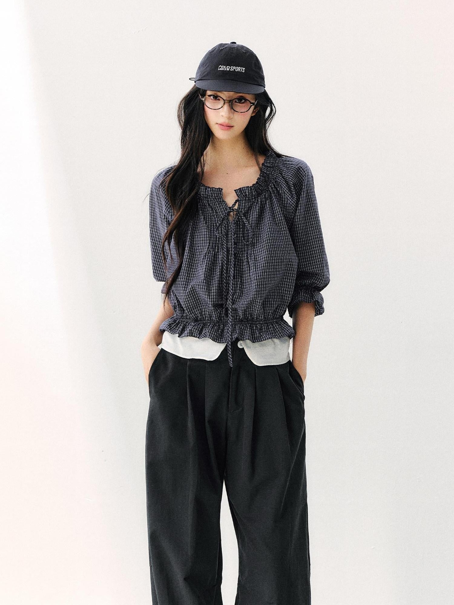 7Shiftin Plaid Puff Sleeve Tie Waist Cropped Women&