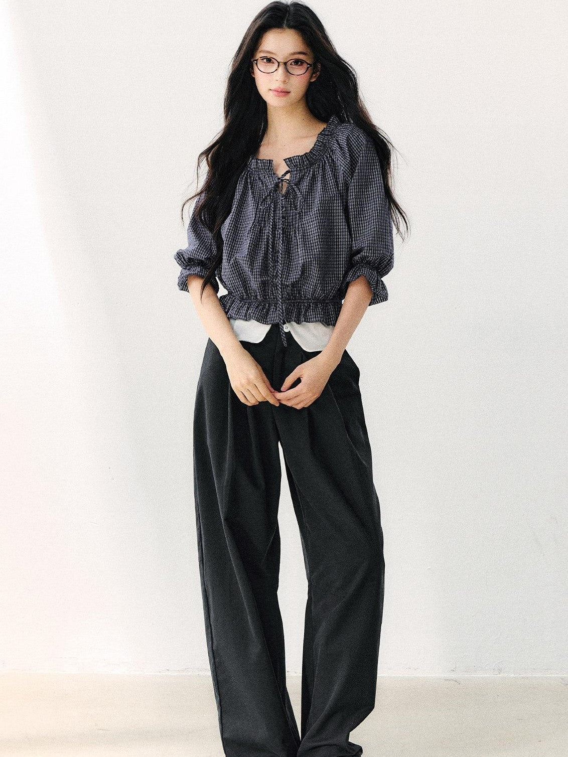 7Shiftin Plaid Puff Sleeve Tie Waist Cropped Women&