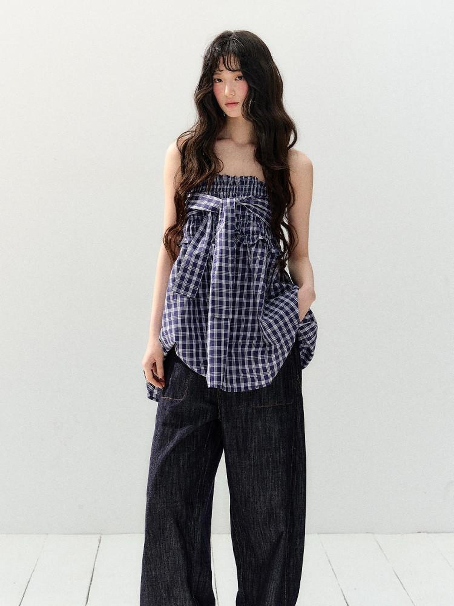 7Shiftin Plaid Strapless Two Piece Set Casual Slim Women&
