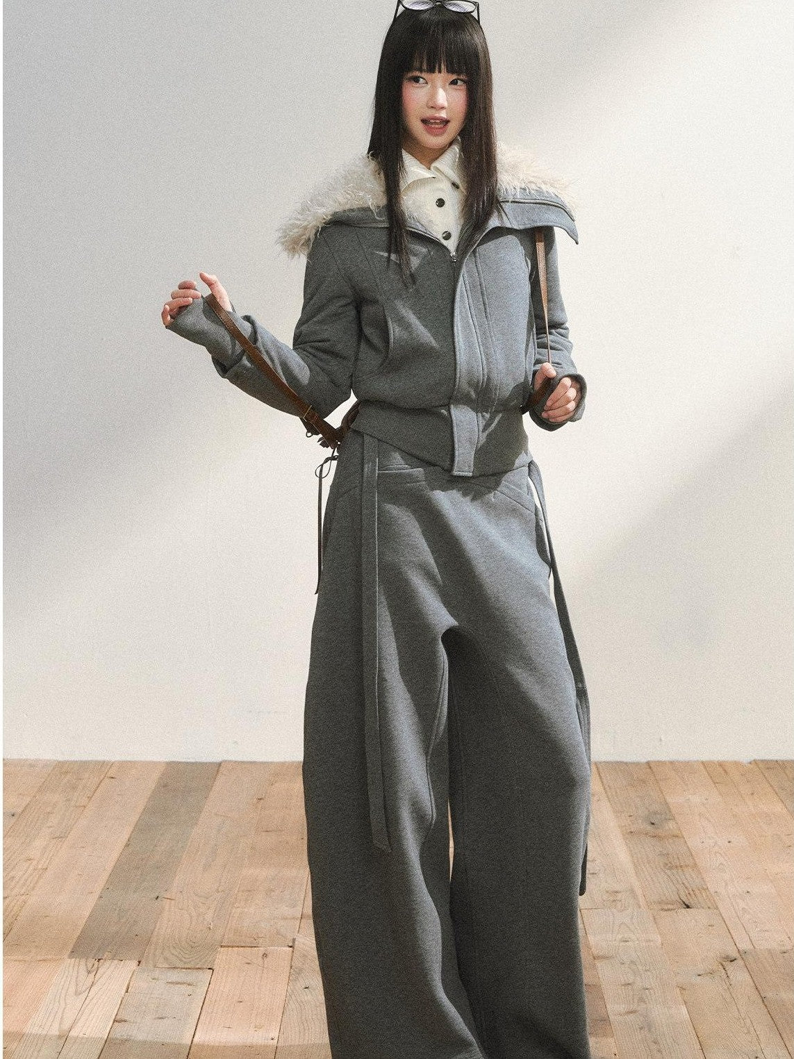 7Shiftin Plush Zippered Lapel Cinched Waist Long Sleeve Women&