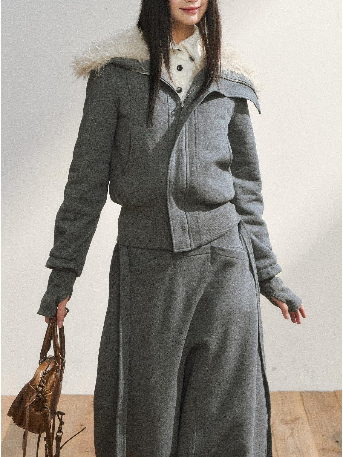 7Shiftin Plush Zippered Lapel Cinched Waist Long Sleeve Women&