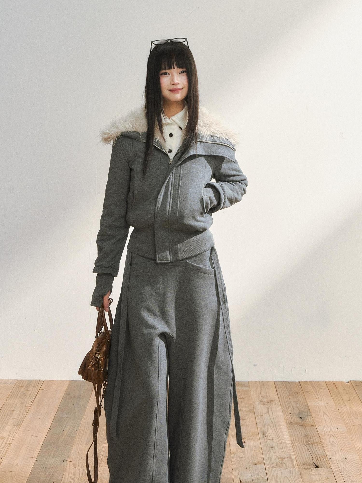 7Shiftin Plush Zippered Lapel Cinched Waist Long Sleeve Women&