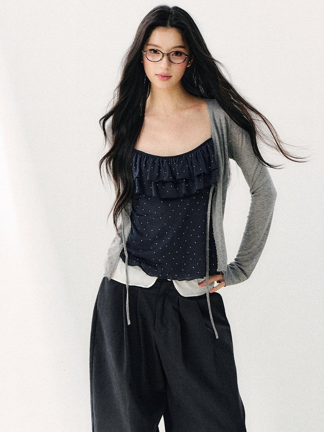 7Shiftin Polka Dot Double Layer Ruffle Drawstring Loose V-neck Women&