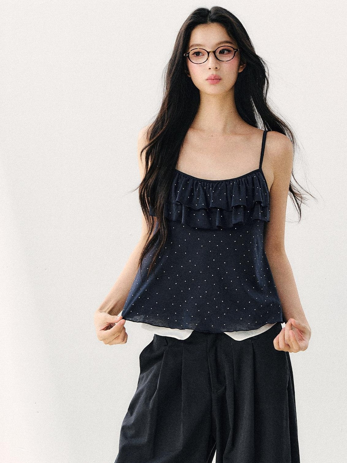 7Shiftin Polka Dot Double Layer Ruffle Drawstring Loose V-neck Women&