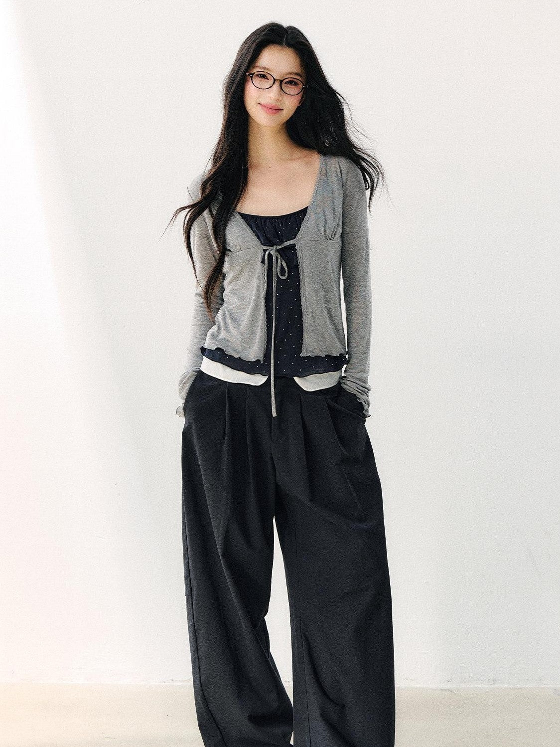 7Shiftin Polka Dot Double Layer Ruffle Drawstring Loose V-neck Women&