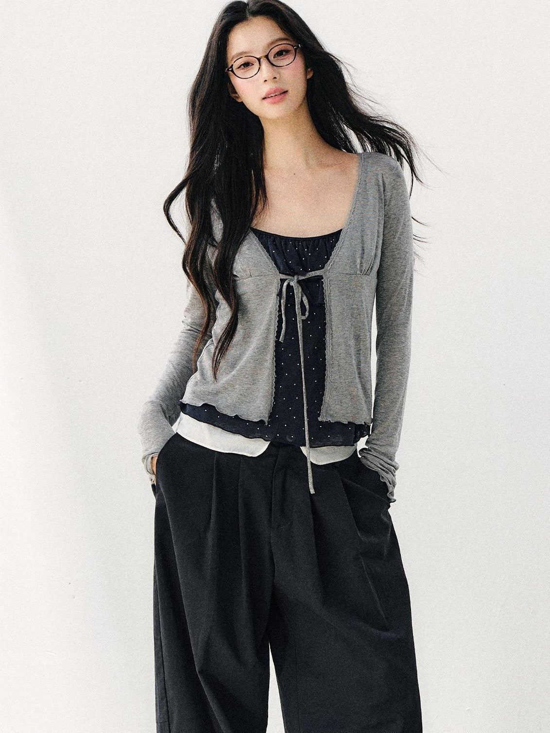 7Shiftin Polka Dot Double Layer Ruffle Drawstring Loose V-neck Women&