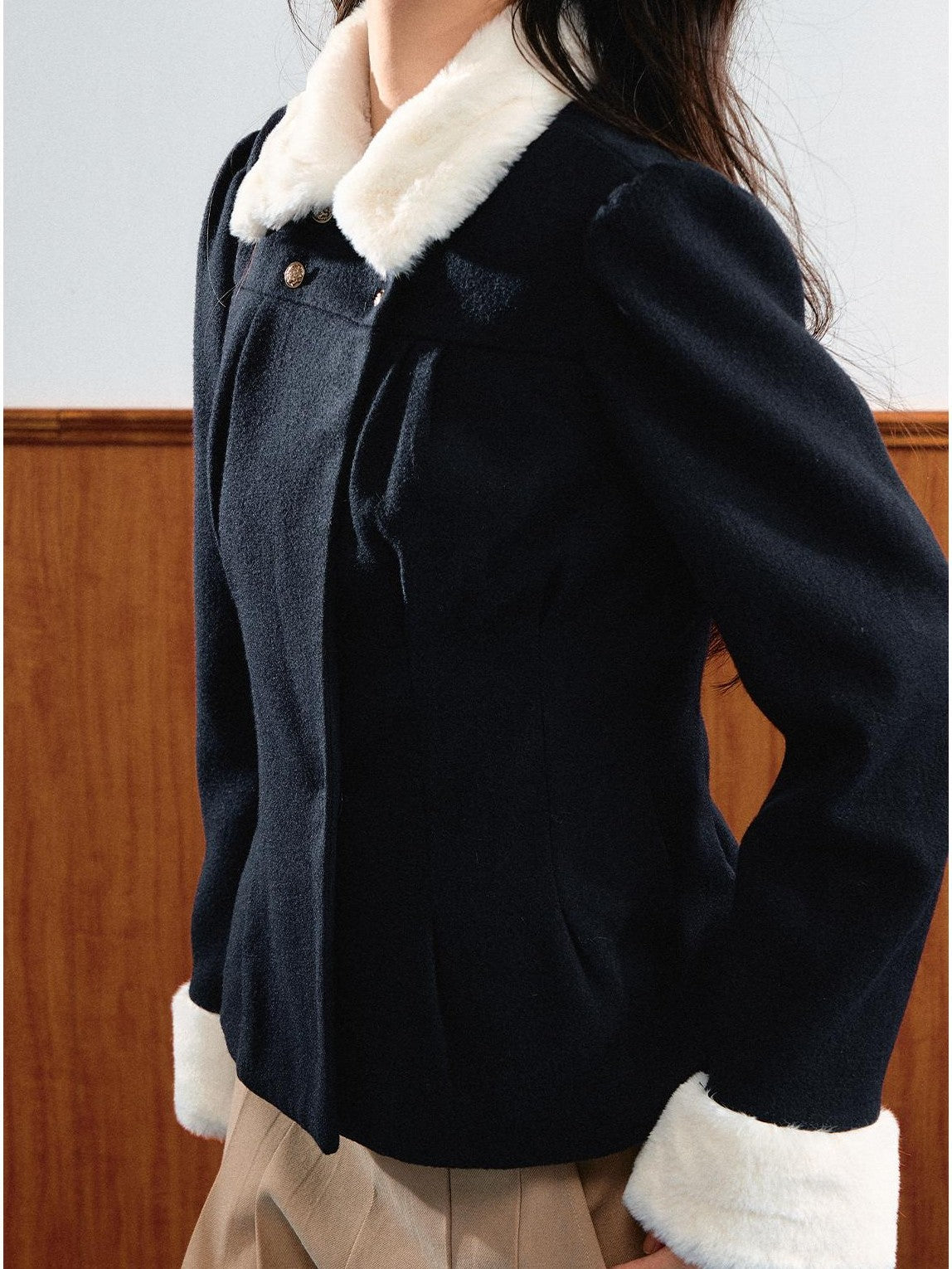 7Shiftin Puff Sleeve Faux Mink Fur Lapel Slim Fit Wool Blend Women&