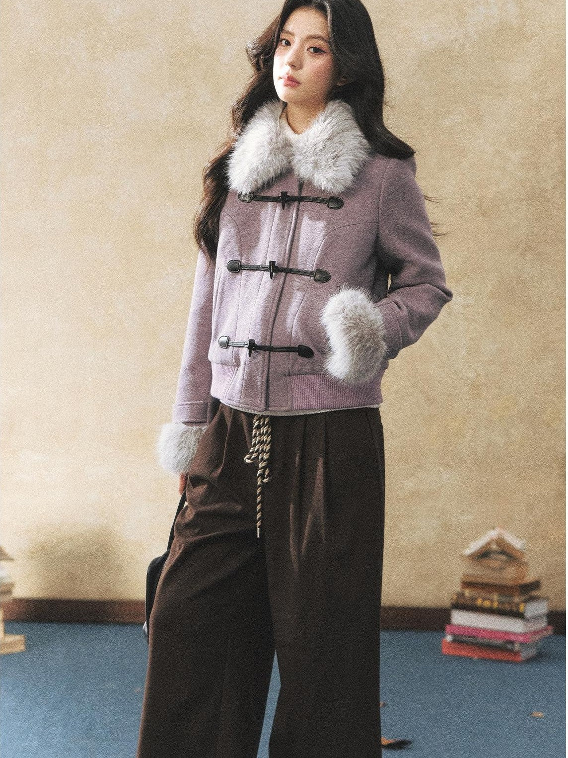 7Shiftin Purple Faux Fur Collar Cinched Waist Toggle Buttons Women&