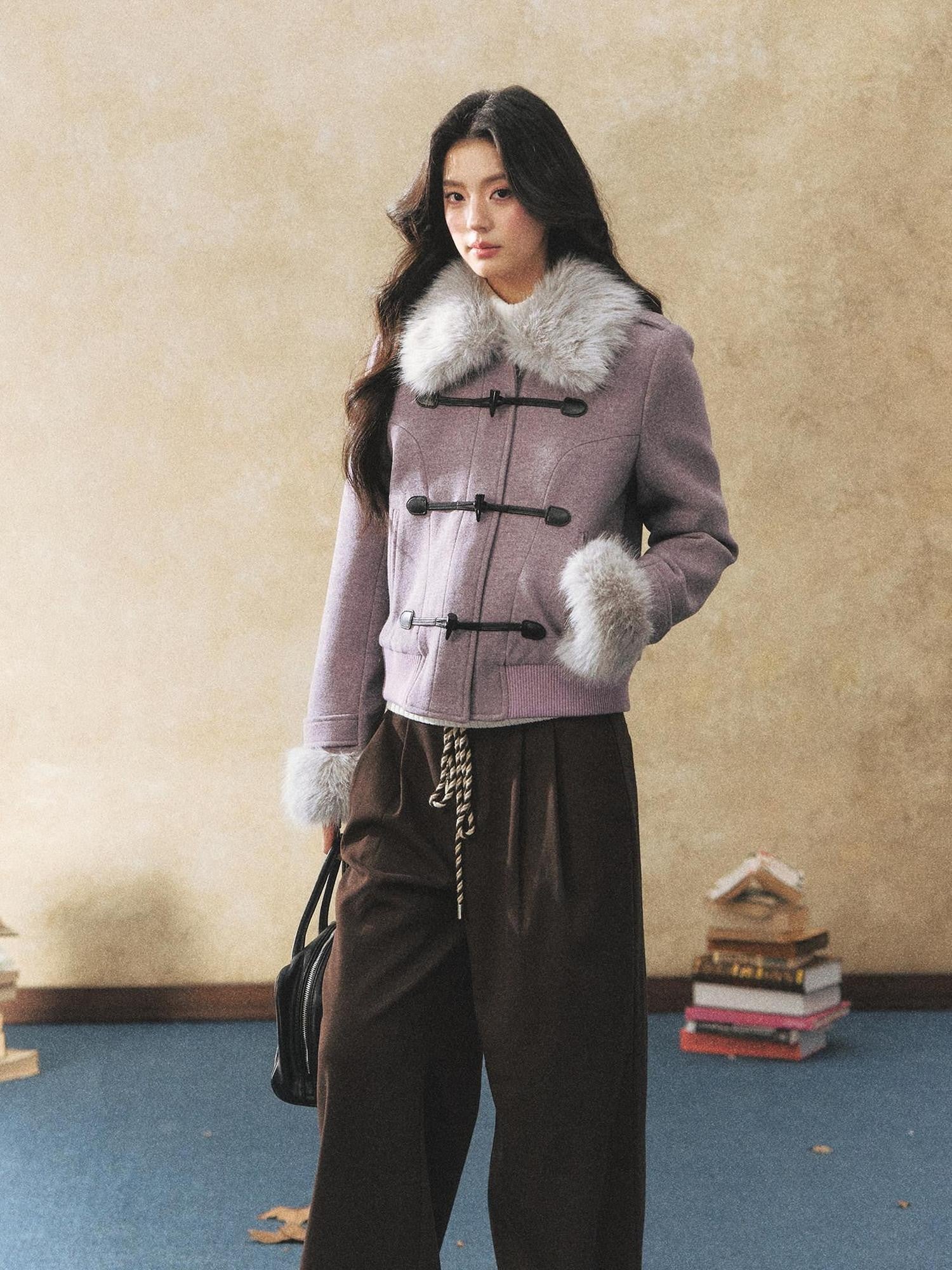 7Shiftin Purple Faux Fur Collar Cinched Waist Toggle Buttons Women&