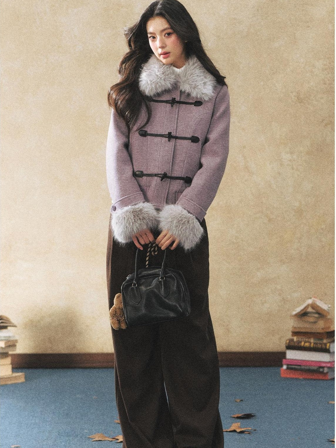 7Shiftin Purple Faux Fur Collar Cinched Waist Toggle Buttons Women&