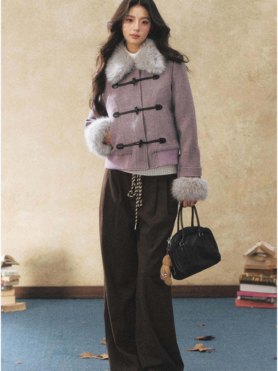 7Shiftin Purple Faux Fur Collar Cinched Waist Toggle Buttons Women&
