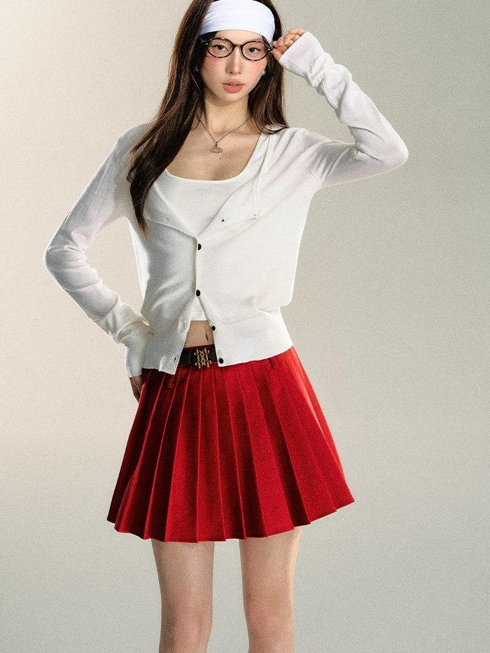 7Shiftin Red Pleated Cardigan Camisole Sweet Slim Women&