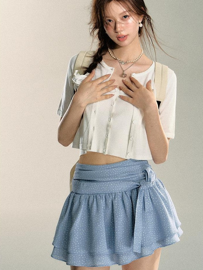 7Shiftin Sexy Two Tone Cropped Buttoned Short Sleeve Women&