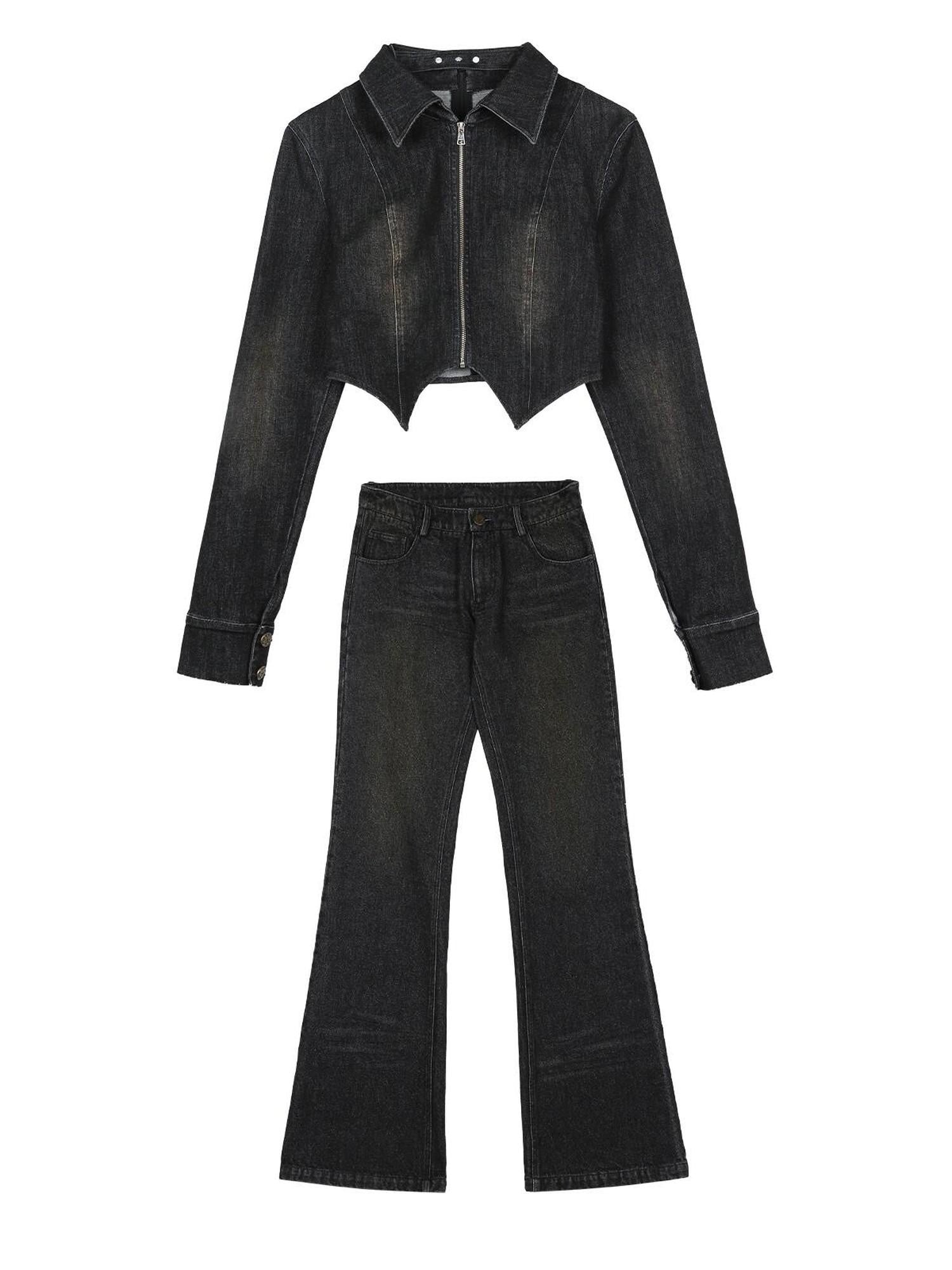 7Shiftin Sexy Zip Crop Jacket Highwaist Flare Pants Women&