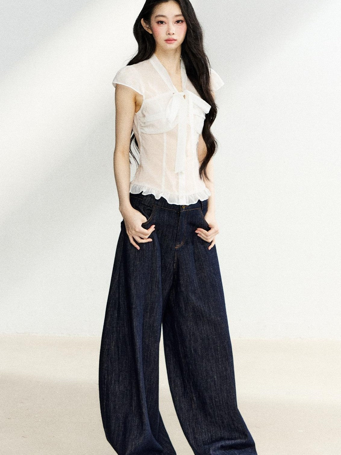 7Shiftin Sheer Bow V-neck Fitted Flutter Sleeve Women&