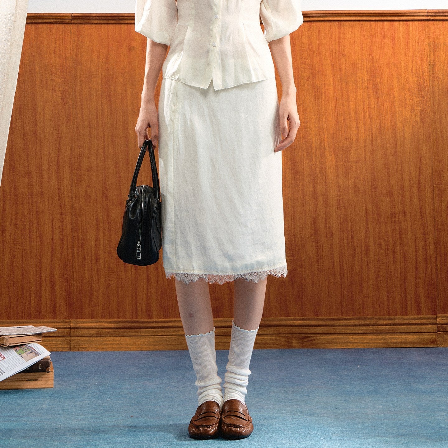 7Shiftin_Simple_Bubble_Sleeve_Lace_Trim_Lapel_High_Waist_Women&