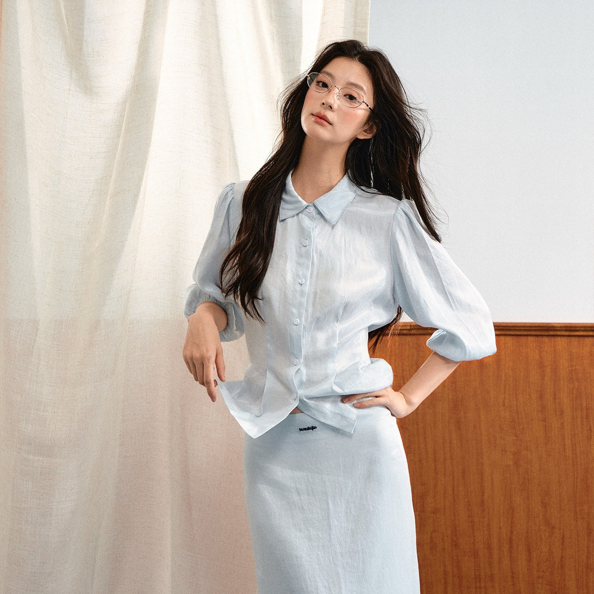 7Shiftin_Simple_Bubble_Sleeve_Lace_Trim_Lapel_High_Waist_Women&