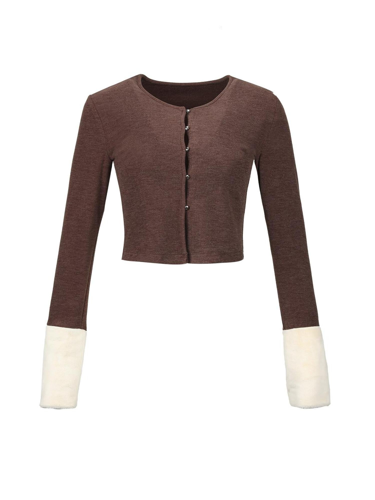 7Shiftin Solid Brown Short Slim Low Round Neck Women&