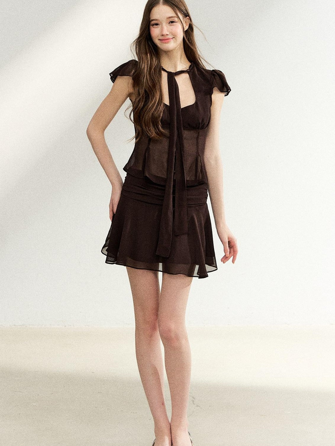 7Shiftin Tie Waist Ruffle Short Sleeve Crop Fitted High Waist Women&