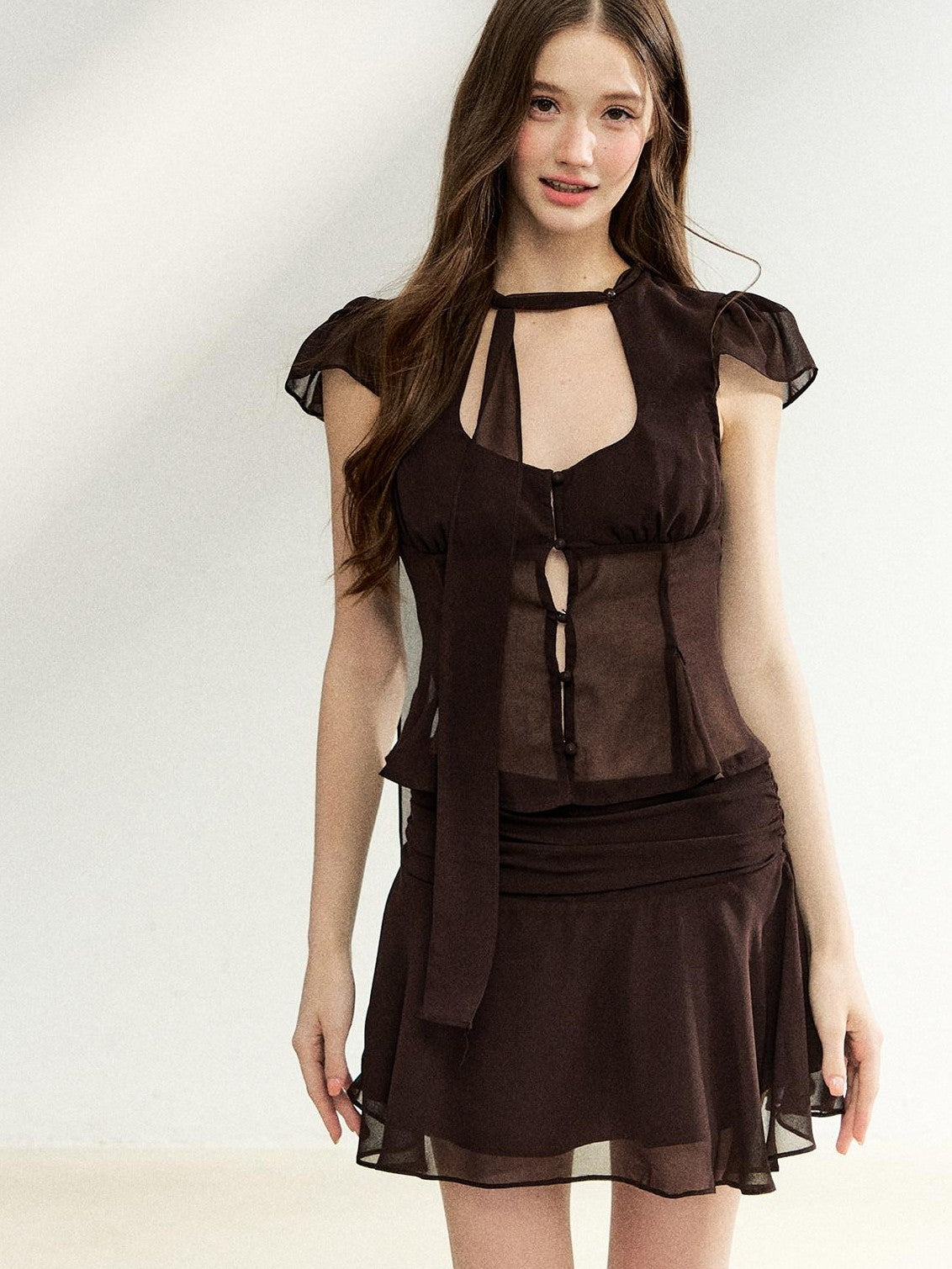 7Shiftin Tie Waist Ruffle Short Sleeve Crop Fitted High Waist Women&