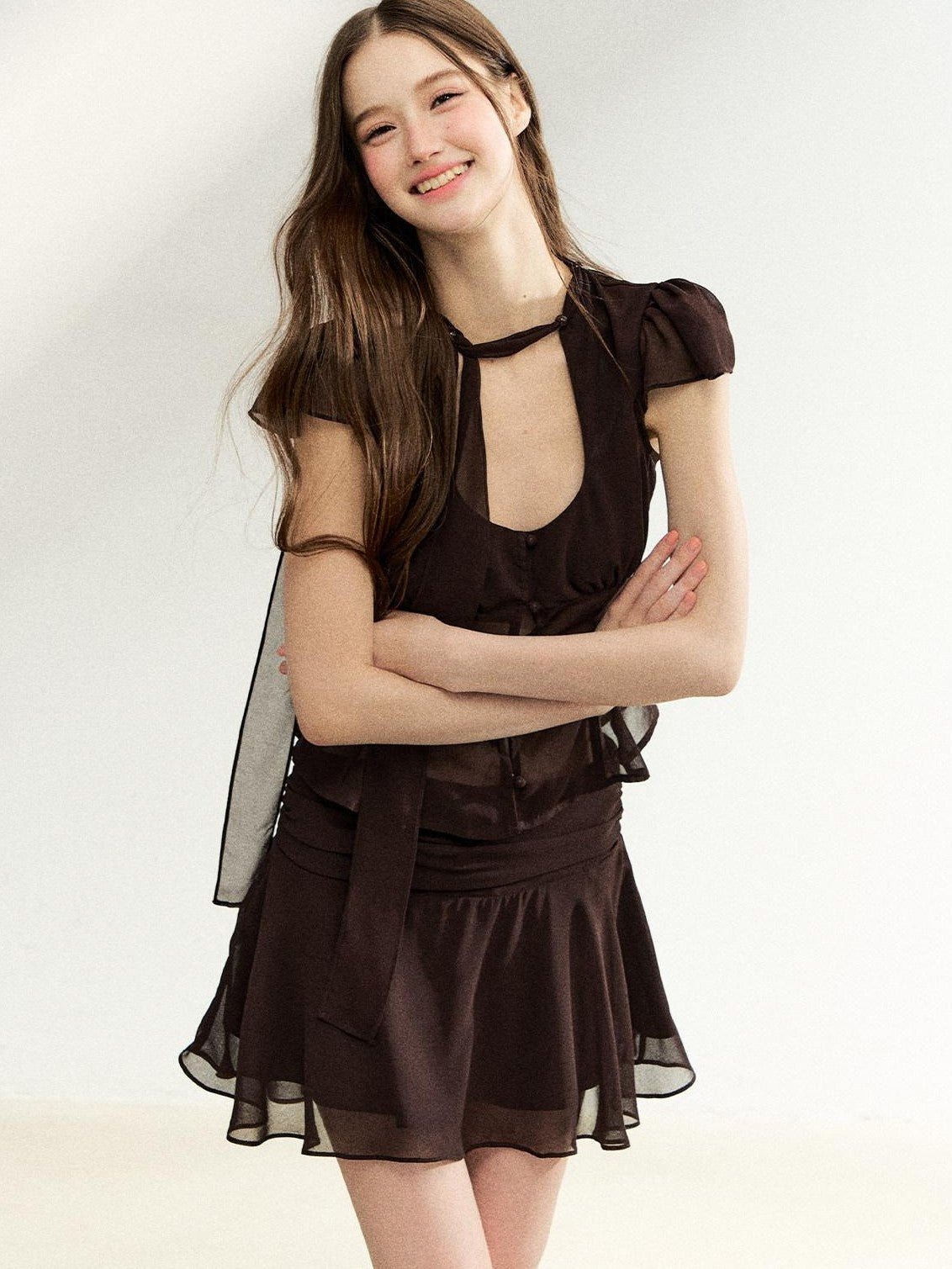 7Shiftin Tie Waist Ruffle Short Sleeve Crop Fitted High Waist Women&
