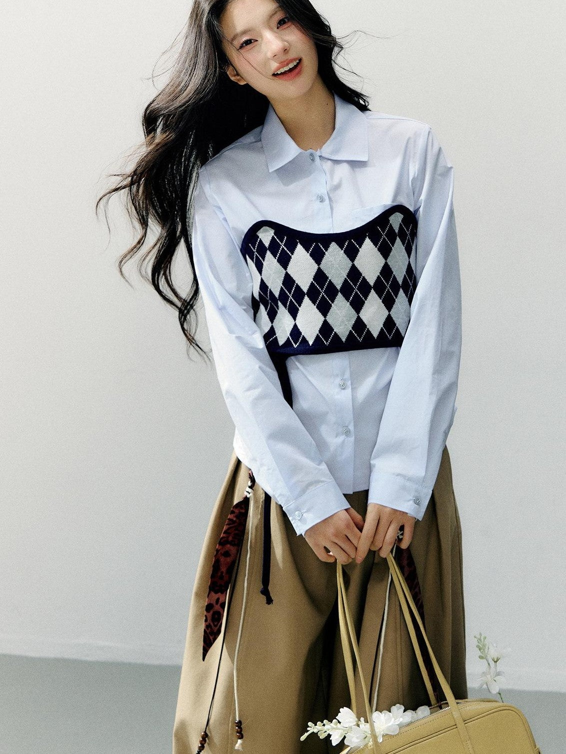 7Shiftin Two Piece Checkered Diamond Bustier Long Sleeve Lapel Women&