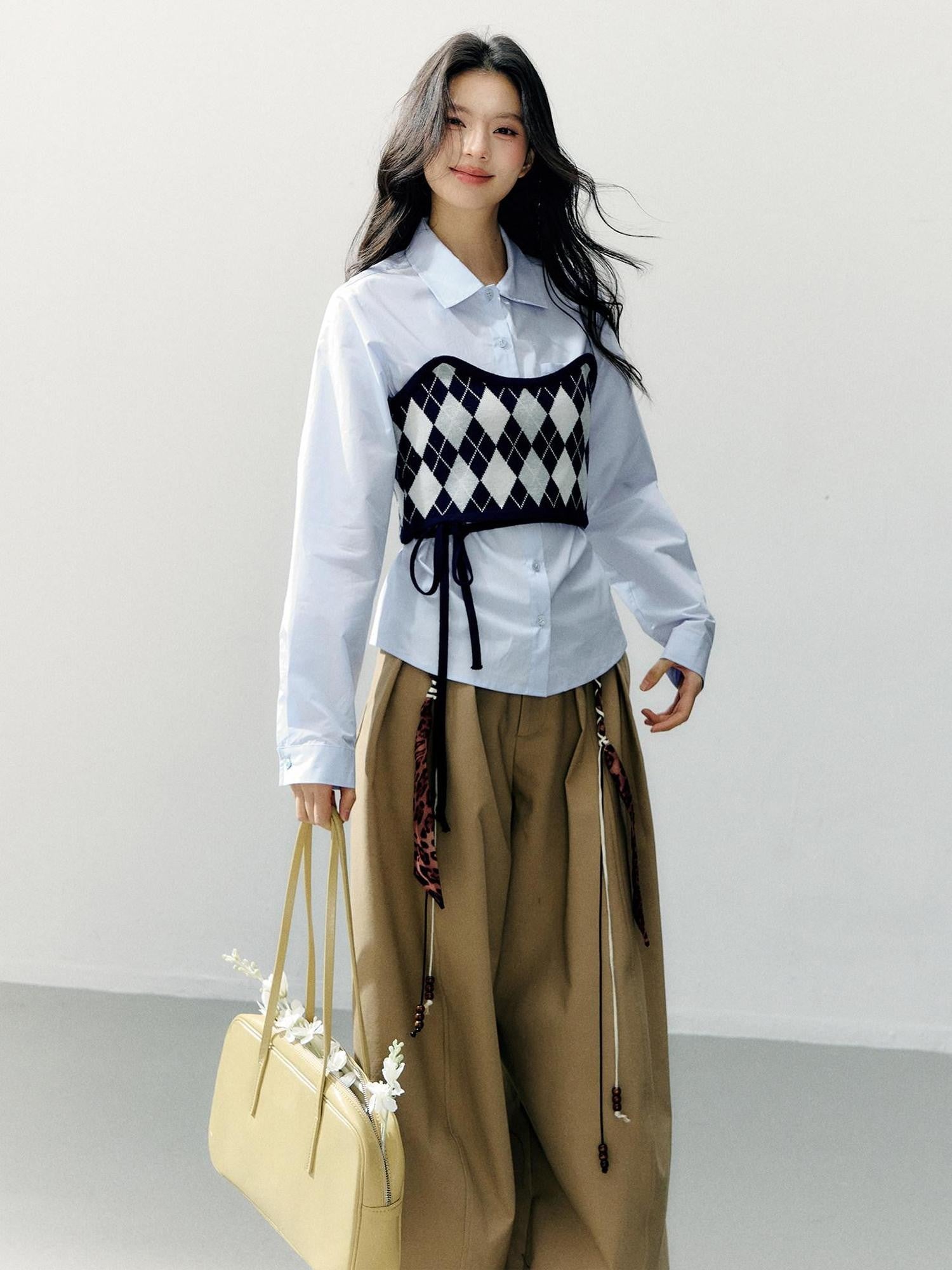 7Shiftin Two Piece Checkered Diamond Bustier Long Sleeve Lapel Women&