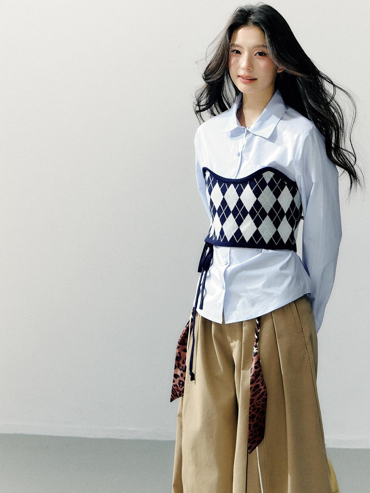 7Shiftin Two Piece Checkered Diamond Bustier Long Sleeve Lapel Women&