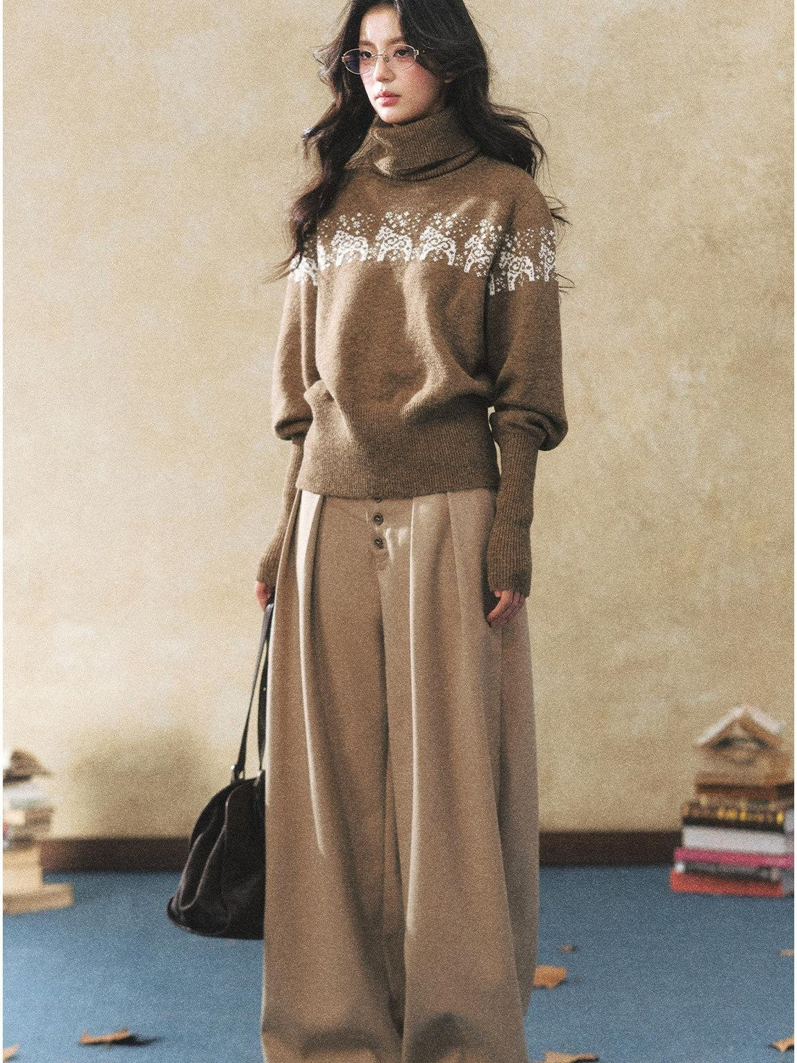 7Shiftin Two Tone Animal High Neck Loose Vintage Knit Women&
