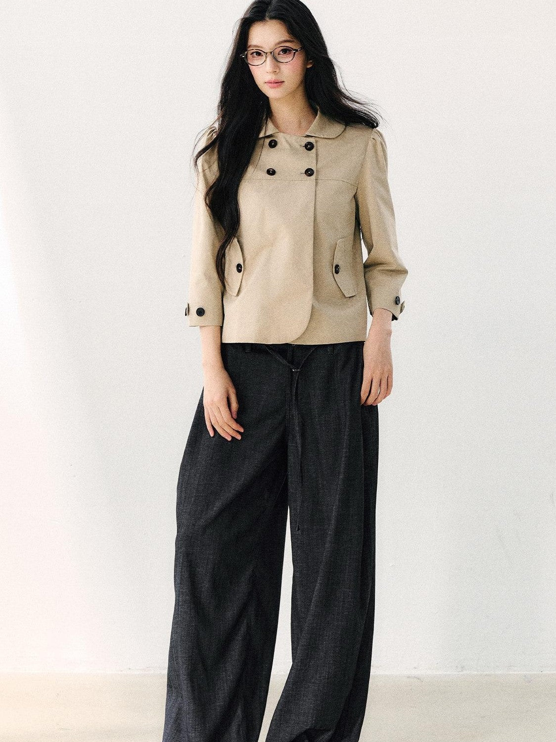 7Shiftin Two Tone Double Breasted Doll Collar 3 4 Sleeve Women&