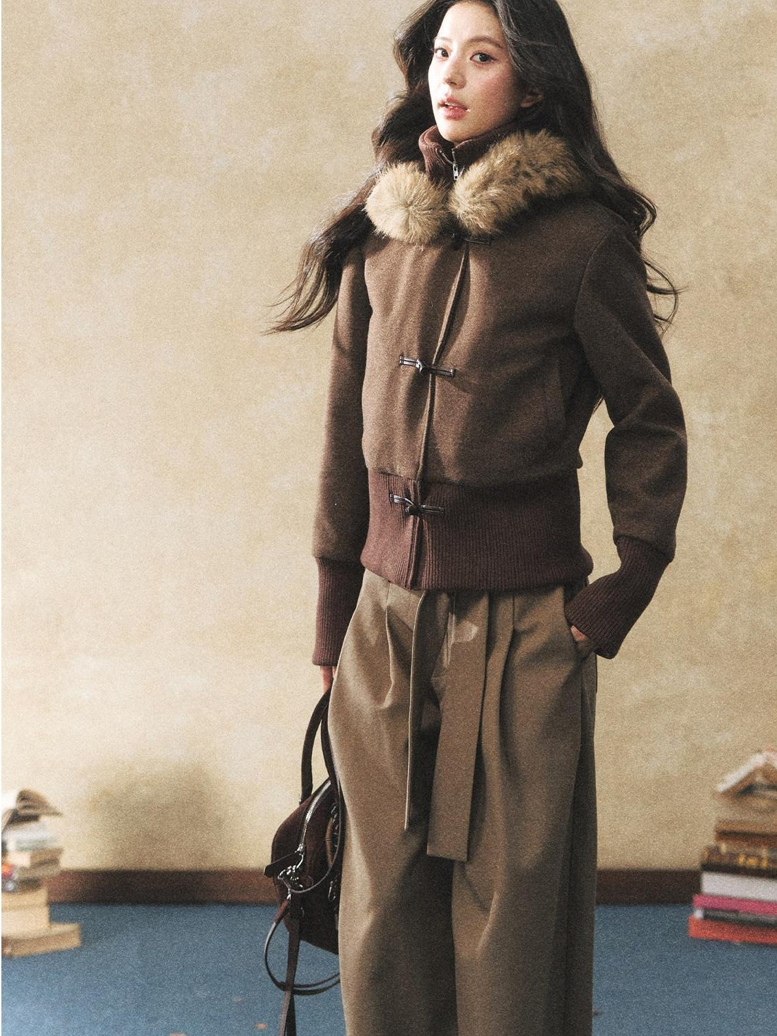 7Shiftin Two Tone Faux Two Piece Waist Cinched Fur Collar Women&