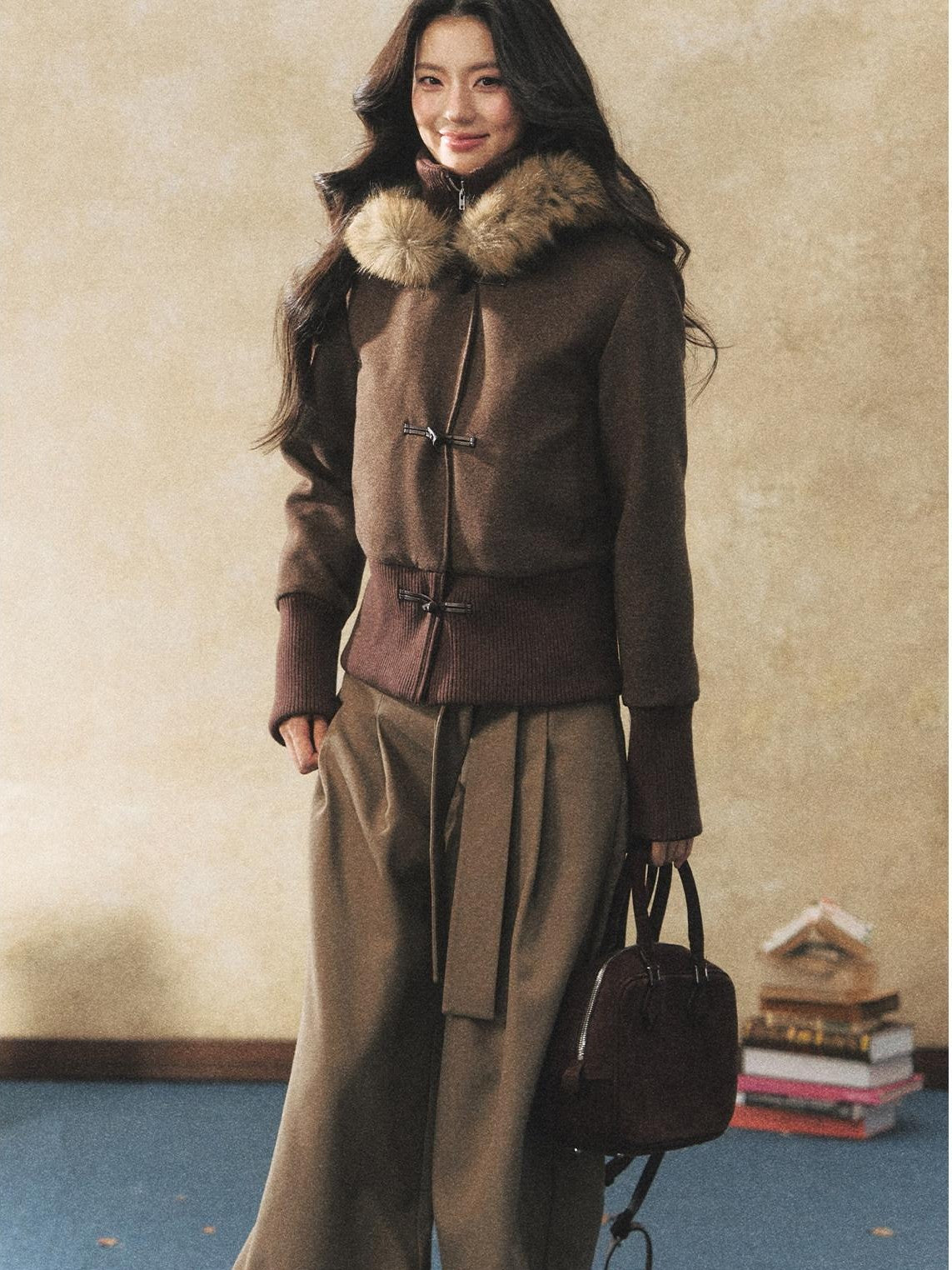 7Shiftin Two Tone Faux Two Piece Waist Cinched Fur Collar Women&