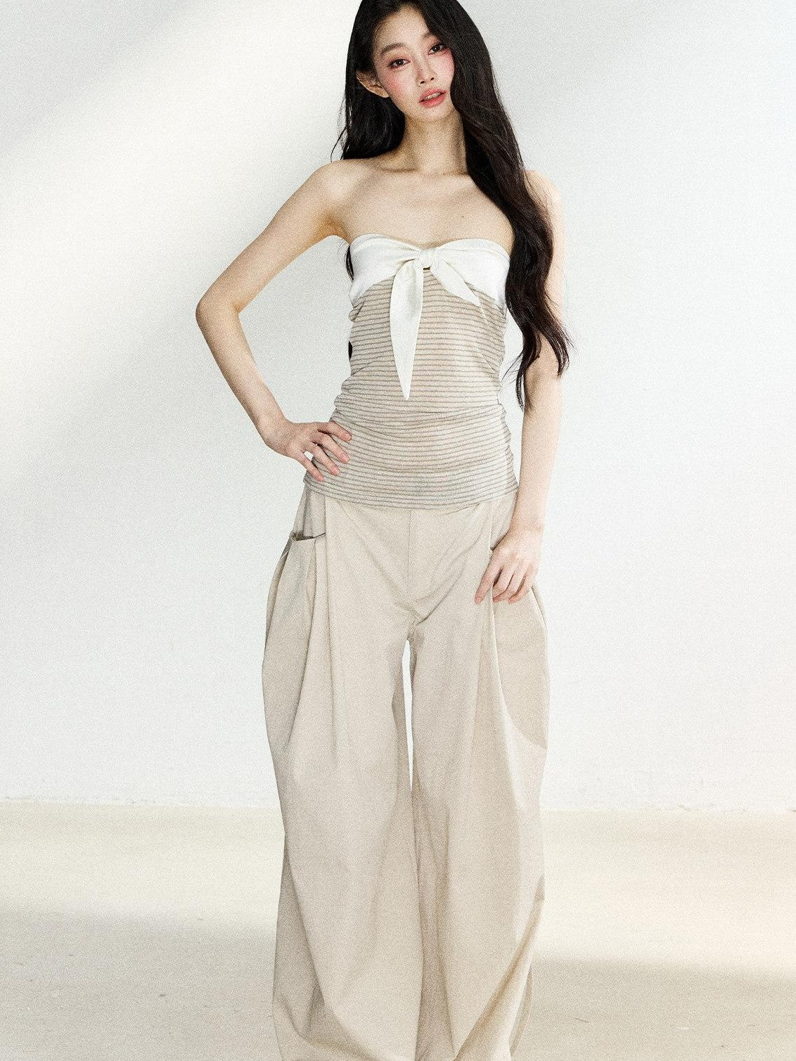 7Shiftin Two Tone Striped Bow Bustier Loose Fit Two Piece Women&