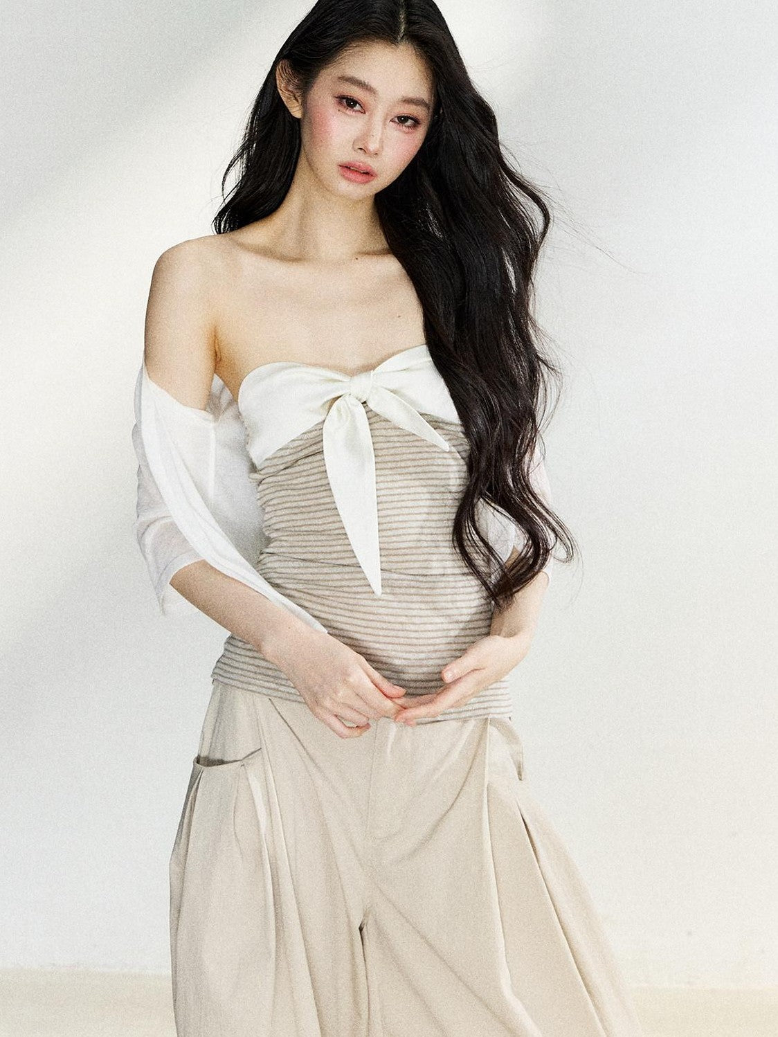 7Shiftin Two Tone Striped Bow Bustier Loose Fit Two Piece Women&