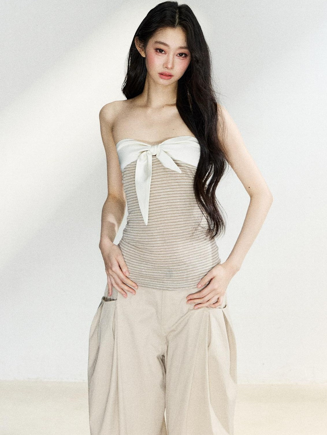 7Shiftin Two Tone Striped Bow Bustier Loose Fit Two Piece Women&