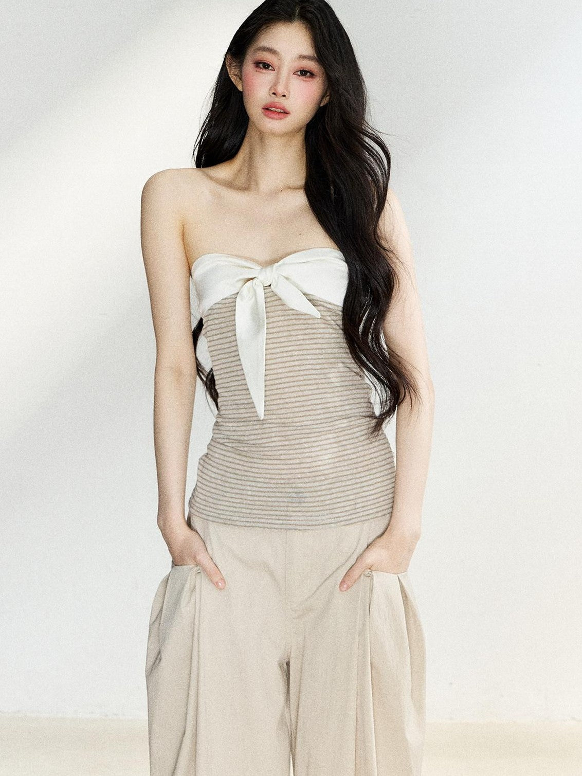 7Shiftin Two Tone Striped Bow Bustier Loose Fit Two Piece Women&