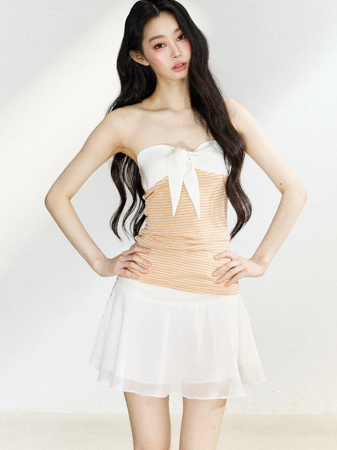 7Shiftin Two Tone Striped Bow Bustier Loose Fit Two Piece Women&