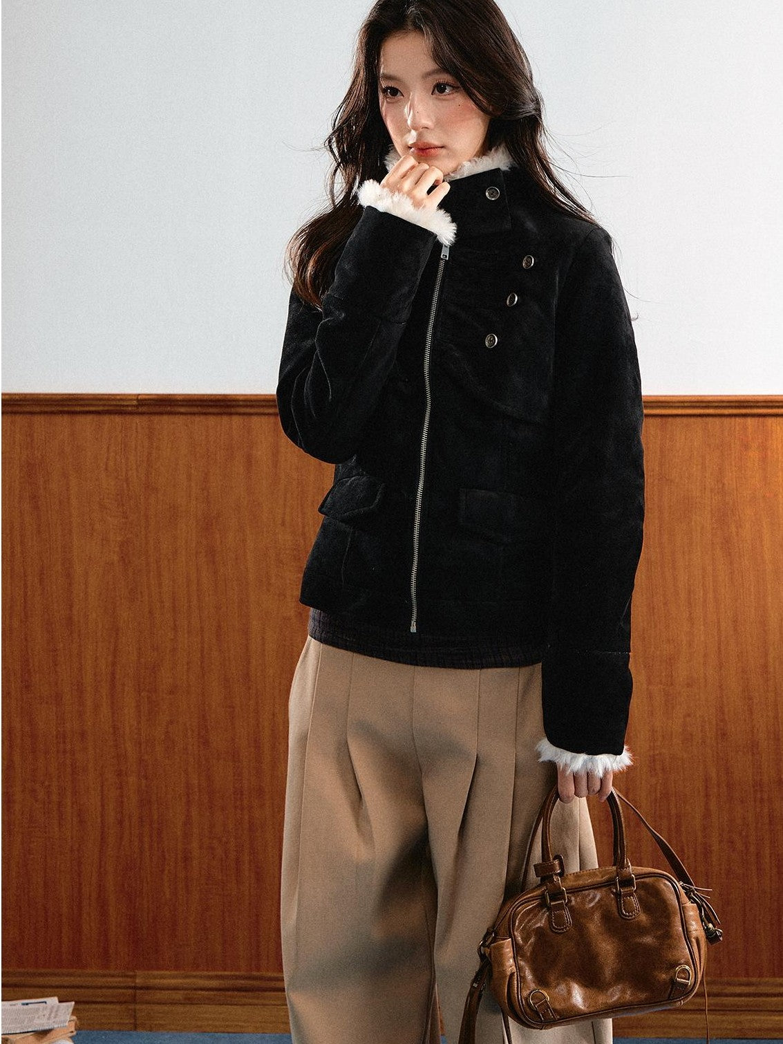 7Shiftin Vintage Faux Suede Napoleon Fluffy Fleece Symmetrical Button Women&