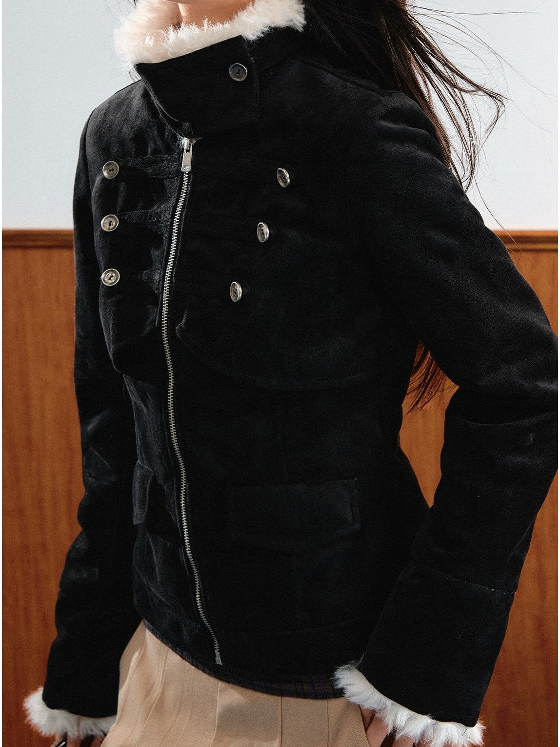 7Shiftin Vintage Faux Suede Napoleon Fluffy Fleece Symmetrical Button Women&