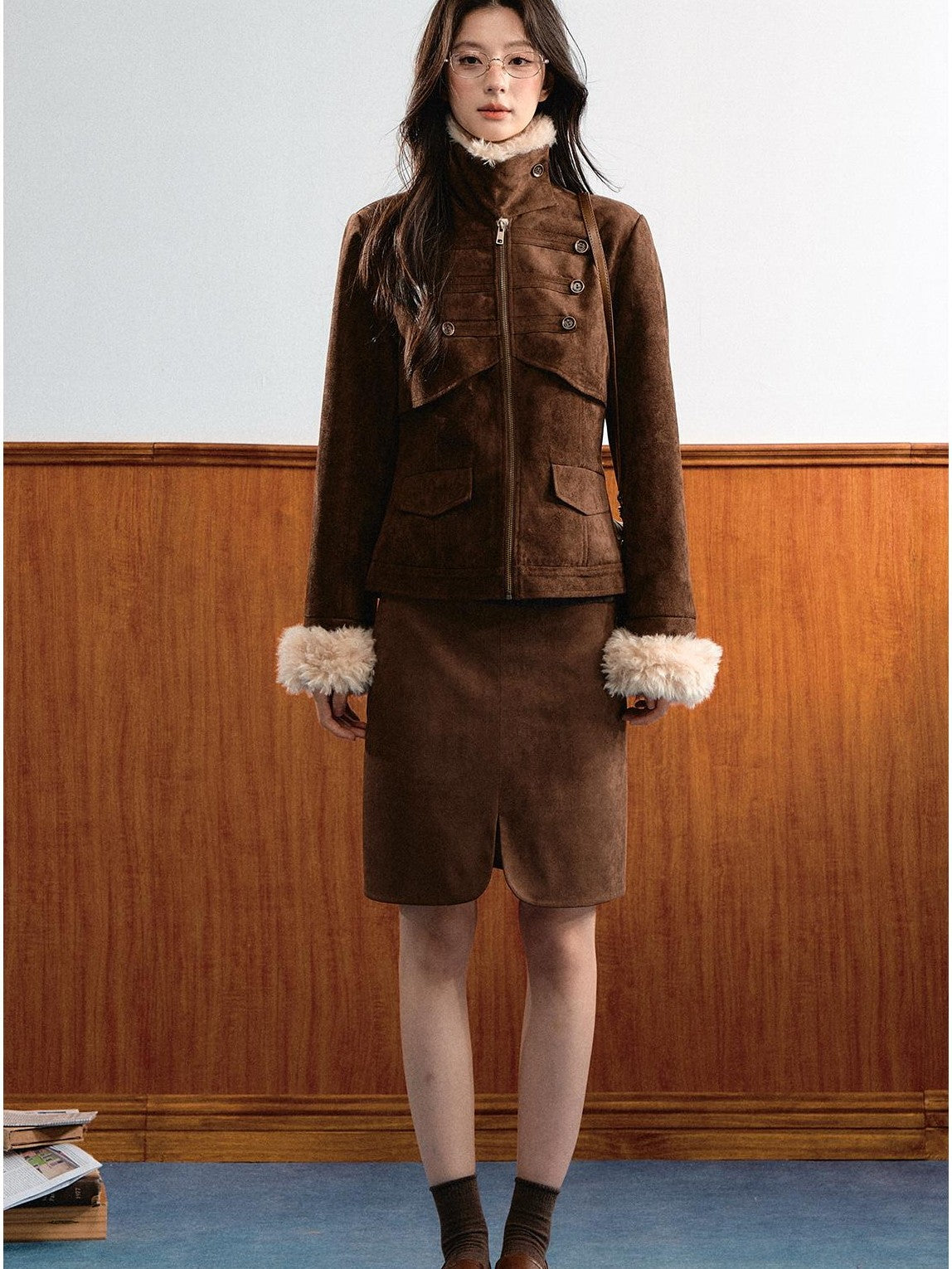 7Shiftin Vintage Faux Suede Napoleon Fluffy Fleece Symmetrical Button Women&
