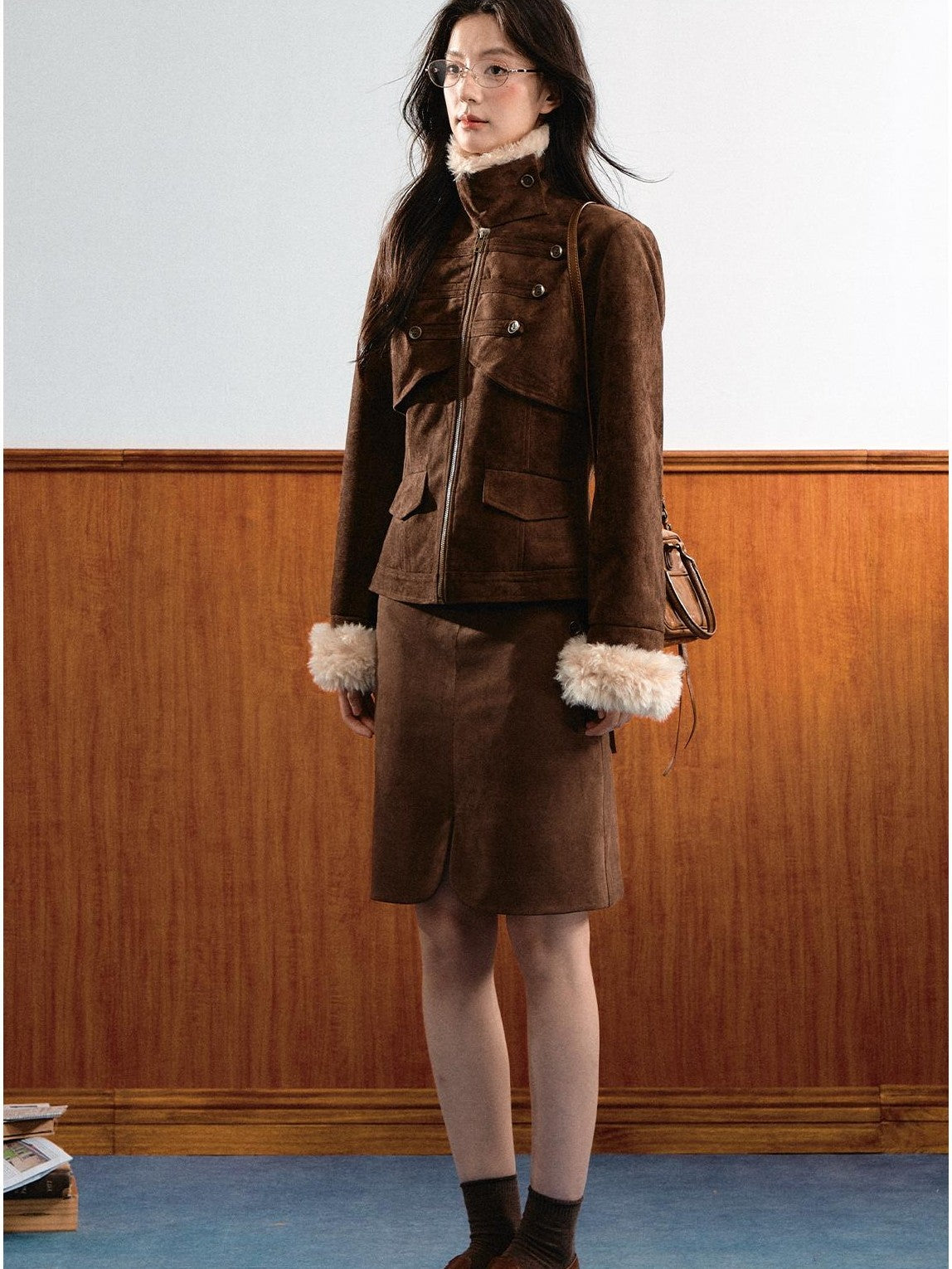 7Shiftin Vintage Faux Suede Napoleon Fluffy Fleece Symmetrical Button Women&